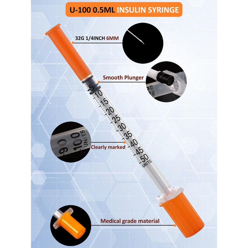 100 Pack 0.5ml Disposable Syringe, 32G 0.5cc 1/4 Inch (6mm)