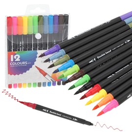 PATIKIL Dual Tip Colored Pens, 12 Colors Brush and Fineliner Tips Watercolor Coloring Markers for Drawing, Lettering, Journaling, Calligraphy, Note Taking, Coloring, Black Pen Barrel
