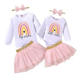 Honykids Big Sister Little Sister Matching Outfits Baby Girl Romper/Toddler Girl T-shirt Tops with Tutu Skirt Clothes Set
