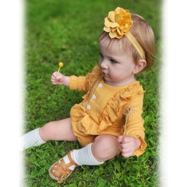 HINTINA 12 Month Infant Baby Girl Ruffle Long Sleeve Linen Solid Romper Jumpsuit Outfit Fall Winter Clothes Clothing Set 12-18 Months