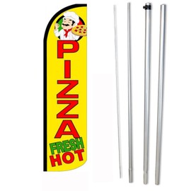 NEOPlex -"Pizza Fresh Hot" Feather Flag and Pole Set - Includes 12' Windless Swooper Feather Flag, and 15-Foot Flagpole (NO Mount)