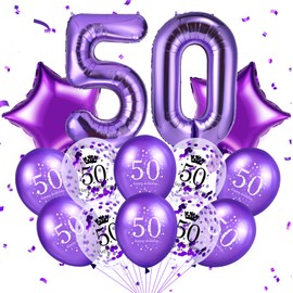 Purple 50th Birthday Balloons Decorations 40 Inch Number 50 Birthday Foil Balloons Star Balloons Happy 50th Birthday Confetti Latex Balloons for Women Men 50th Birthday Anniversary Party Supplies