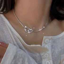 Inateannal Rhinestone Heart Choker Necklace Silver Tennis Choker Necklace Double Heart Pendant Necklace Cubic Zirconia Heart Necklace Jewellery for Women and Girls, Zinc, No Gemstone