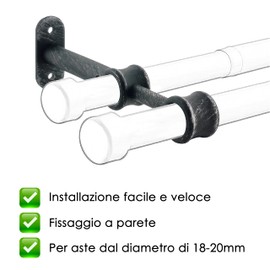 GIRASOLE HOME® 2 x Adjustable Double Curtain Pole Brackets for 18-20mm Diameter Rods (Double 175mm, Black and Silver)