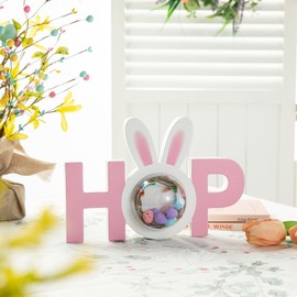 Glitzhome Easter Wood Hop Table Sign for Home Decor, 10”L Decorative Wooden Cutout Word Decor with Bunny Ears, Freestanding Easter Block Letters Tabletop Decor