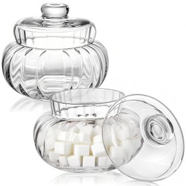 Peohud 2 Pack Glass Sugar Bowl with Lid, Clear Sugar Cube Holder, Crystal Covered Candy Jar, Decorative Cookies Storage Container for Coffee Beans, Nuts, Tea, Home Kitchen, Party