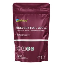 Wellthy Pure Resveratrol 30 Cápsulas. 300mg por Porción, 30 Porciones por Envase, VCaps Cápsulas Veganas, Bottle Free                                 