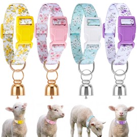Yeyeplum 4 Pack Goat Collars with Bells Set, Adjustable Floral Pattern Nylon Sheep Collar, Loud Metal Grazing Bell, Quick Release Buckle for Lambs, Small Farm Animals, Herd ID, Pasture Tracking