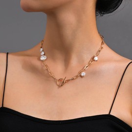 Inilbran Boho Paper Clip Choker Necklace Gold Baroque Pearl Necklace Choker Gold Thick Link Chain Necklace Vintage Toggle Clasp T Bar Necklace Chain for Women and Girls, Zinc, No Gemstone