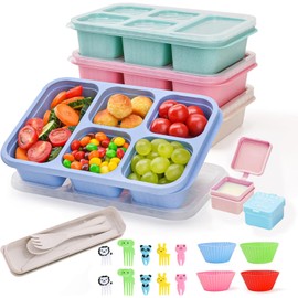 Chris.W 4PCS Bento Snack Box, Reusable 5-Compartment Meal Prep Containers with Cutlery and Forks Set, Food Storage Snack Containers, Lunch Containers, Stackable for School, Work, and Travel, BPA-Free