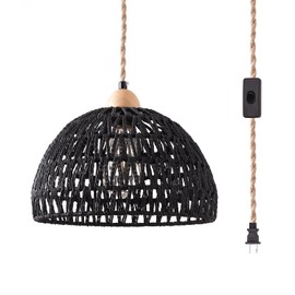 GNOLAK Plug in Pendant Light, Hanging Lamp with Plug in Cord, Hand Woven Rattan Lamp Shade, 15FT Hemp Rope Pendant Lamp Cord with On/Off Switch, Boho Hanging Lights Fixture for Living Room Bedroom