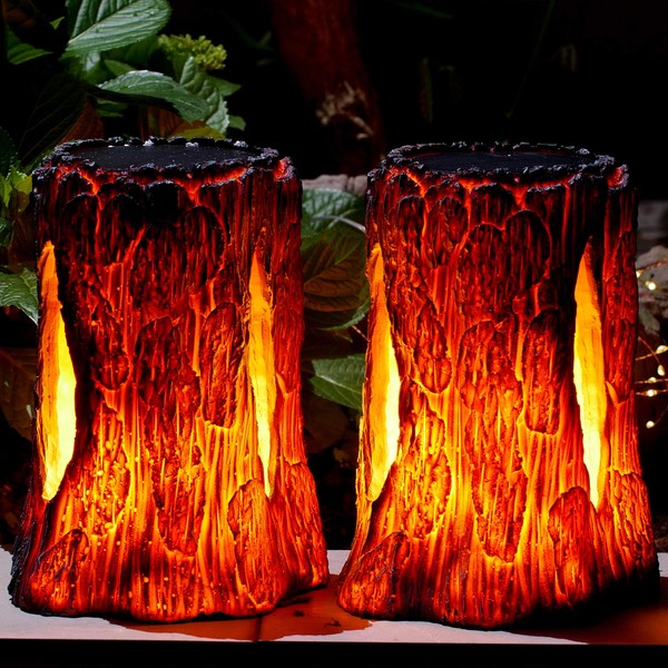 TONULAX Solar Lights Outdoor,Stump On Fire Torch Lights,Flickering Flame Lantern Lights,Solar Powered Landscape Decoration Lighting for Garden Patio Pathway Deck Yard Decor(2 Pack), Resin, Copper