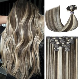 Ukira Blonde Highlights Hair Extensions for Women Clip in, 20 Inch 70g 7pcs Medium Brown Mixed Bleach Blonde Clip in Hair Extensions, Natural Straight Remy Human Hair Clip in Extensions for Women