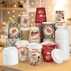 Gerrii 100 Set Christmas Paper Cups Disposable 12 oz with Lids Hot Chocolate Cups Coffee Cups Holiday Hot Cups for Hot and Cold Drinks Tea Water Bar Supplies Winter Season (Classic Style)