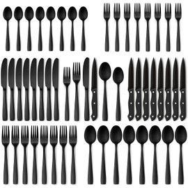 Hiware 48-Piece Matte Black Silverware Set with Steak Knives, Black Flatware Set for 8, Stainless Steel Tableware Cutlery Set, Utensil Sets for Kitchen