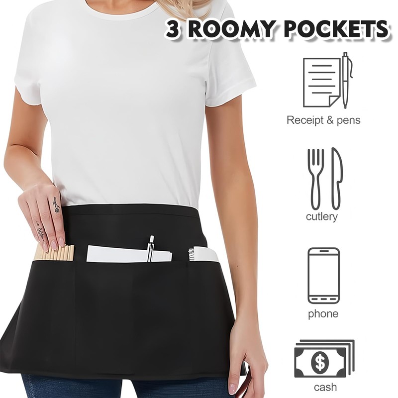 NICECONE 2 Pack Black Waist Apron for Waitress/Waiter - Half