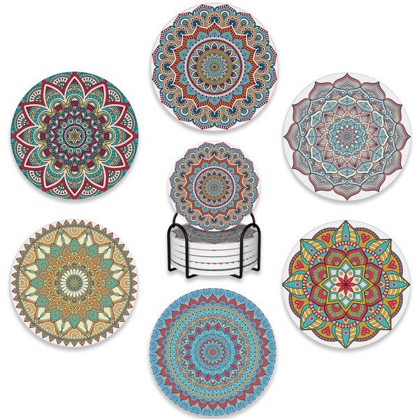 Drink Coasters Set of 6 with Holder,Mandala Boho Flower Absorbent