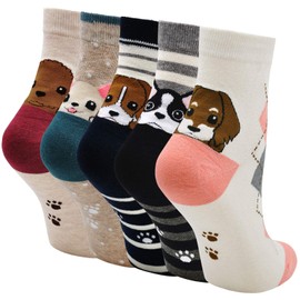 ZFSOCK Funny Colourful Women's Socks with Cartoon Animal Design, Cool, Cute Cat / Dog Cotton Socks, Christmas Gift Idea for Women and Girls, 5 Pairs - Puppy, size: 35-42