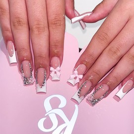 White French Tip Press on Nails Fake Nails Long Square Bow Knot Charms Floral Glossy Full Cover Stick on Nails Nude Pink Designs Acrylic False Nails for Women Girls Manicure Art 24 Pcs