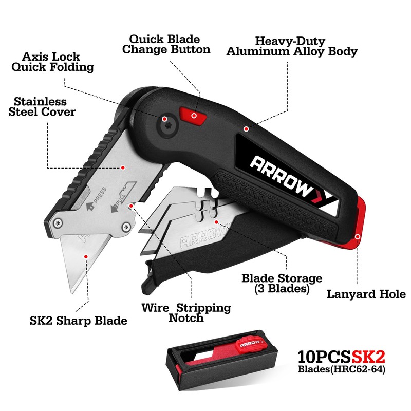 ARROW Utility Knife with Blade Storage Design, Quick Change Box