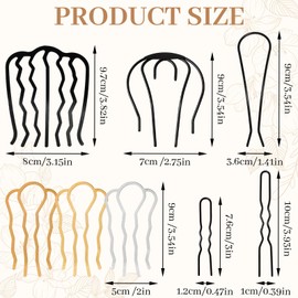8 Pcs Metal Hair Forks U Shaped Hair Pins and Side Combs Set Women Bun Clips Various Styles Updo Styling Accessories for Daily Work Wedding Party (Gold, Silver, KC Gold, Black)