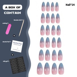 Omber Press on Nails Almond Fake Nails with Design Gradient Haze Blue Nails Press on Acrylic Nails Nude False Nails Glossy Glue on Nails Medium Length Stick on Nails for Women Manicure in 24PCS