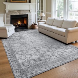 Zarvenda Large Faded Gray 8x10 Washable Area Rug for Living Room, No Shedding Vintage Floral Print Rugs Non Slip, Indoor Foldable Thin Retro Accent Carpet for Bedroom Farmhouse Dining Room