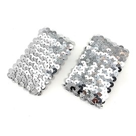 Silver Pair Of 17cm x 4.5cm Elastic Sequin Polyester Slim Wristband Fancy Dress Cuffs