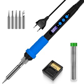 Soldering Iron Kit with LCD Display, 100W LED Display Adjustable Temperature, Soldering Iron with Automatic Sleep Mode, Soldering Gun with 5 Soldering Tips, Solder Tin, Stand, Welding Tool Blue