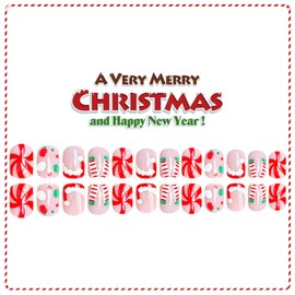 24 Pcs Christmas Press on Nails Short Square False Nails Full Cover Acrylic Pink Nails Press Ons with Candy Christmas Hat Red White Stripe Pattern Glossy Design Artificial Glue on Nail for Women