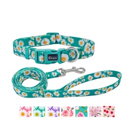 Olahibi Dog Collar and Leash Set, Cute Pink Daisy Pattern, Polyester Material, 5ft Matching Leash, for Small Dogs.(S,Green Daisy)