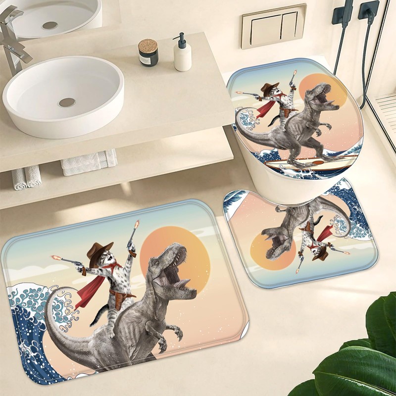 Yeoiat 4 Pcs Dinosaur Cat Shower Curtain Sets Funny Shower