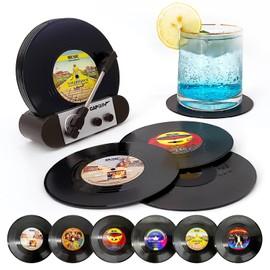 Funny Retro Vinyl Record Coasters, Creative Drink Coasters Set of 6 with Vinyl Record Player Holder for Music Lovers, Housewarming Hostess Gifts, Birthday and White Elephant Gifts Ideas