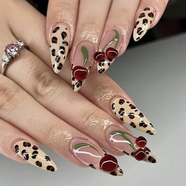 ONPRESS 24 Uñas Postizas De Verano, Almendradas Medianas, Con Diseño De Cereza 3D, Estampado De Leopardo, Uñas Adhesivas Con Punta Francesa, Uñas Nude