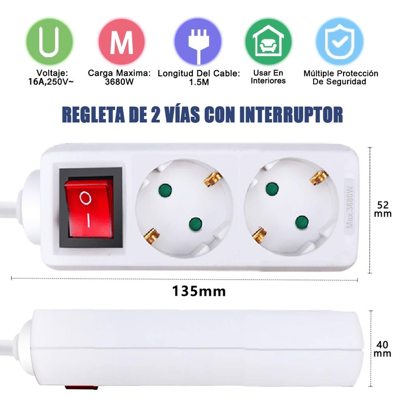 EXTRASTAR 1.5M 2 Way Power Strip with Switch for Home,