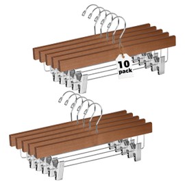 Quality Hangers Wooden Pants Hangers - 10-Pack Swivel Hook Cloth Hanger Set - Lotus Wood Skirt, Pant, Shorts and Slack Hangers with Adjustable Clip (Walnut - Chrome Hook, 10)