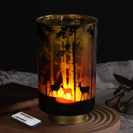 Eywamage Large Battery Operated Table Lamp with Remote, Forest Deer Accent Lamp, Cordless Glass Lamp for Bedroom Living Room