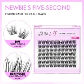 VEYESBEAUTY Lash Clusters Individual Eyelash Extensions Thin & Invisible Band DIY False Eyelashes for Self-application Newbie's Five-Second Series Natural Wispy Lash Tray, LuxeBold 12mm Single Length