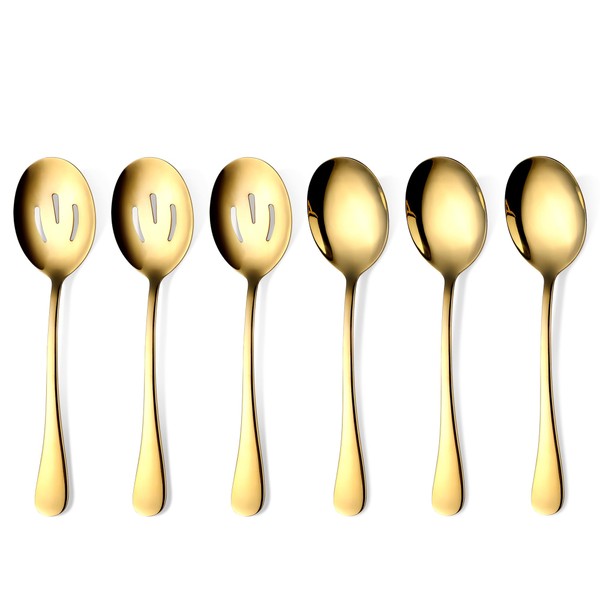 Gold Serving Spoons 6 Pieces, OGORI Stainless Steel Serving Utensils with Mirror Polished Superior Tablespoons Set Include 3 Serving Spoon and 3 Slotted Spoons