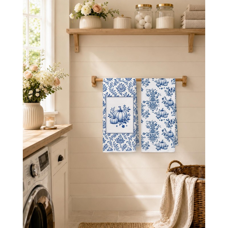 Blue Chinoiserie Fall Pumpkin Kitchen Towels 16x24 in,Set of 2