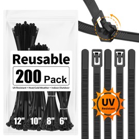 SOOOEC 200 Pack Reusable Zip Ties Assorted Sizes 6+8+10+12 inch UV Resistant, Black Zip Ties Heavy Duty Outdoor Releasable Round Ending No Hurt, Cable Ties Reusable Tie Wraps Indoor Non Slip Off