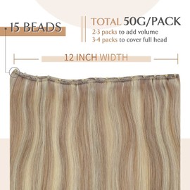 Sunny Hair Beaded Weft Hair Extensions Human Hair 50G Micro Bead Hair Extensions Real Human Hair Vigorous Straight Weft Hair Extensions with Micro Beads Warm Ash Blonde with Bleach Blonde 14 inch
