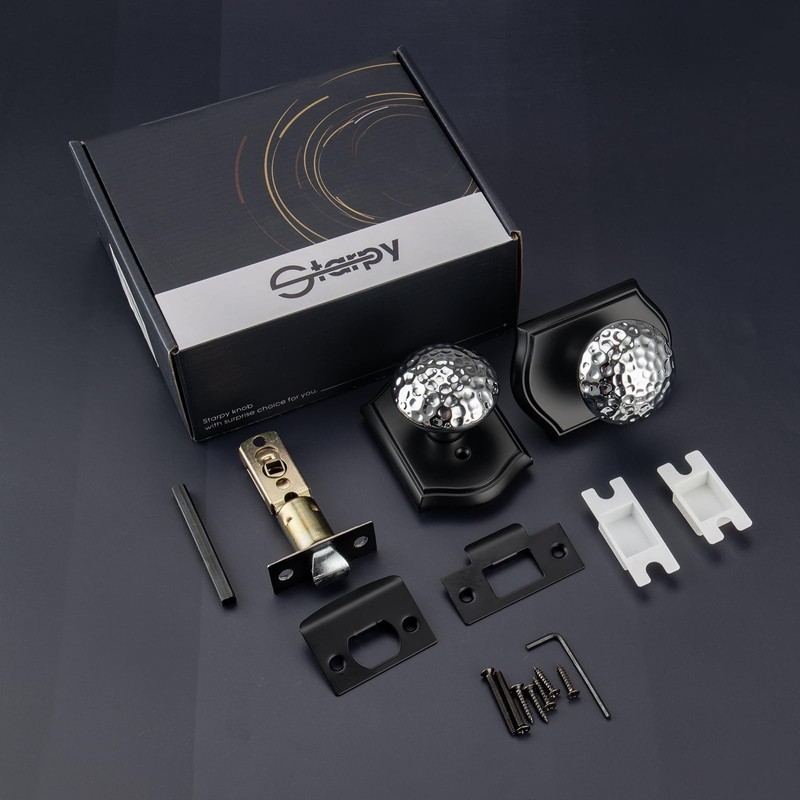 STARPY Black Door Knobs with Camelot Trim, Interior Door Handles