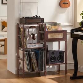 LELELINKY Record Player Stand, Vintage Walnut Wood Record Holder with Vinyl Storage Holds up to 300+ Albums, 3-Tier Rattan Media Table with Vinyl Display Shelf, Record Storage Cabinet for Living Room