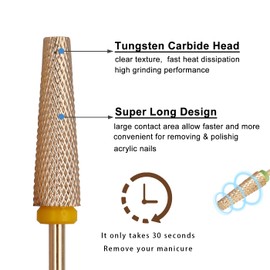 Treki 4Pcs 5 in 1 Nail Drill Bits, 3/32'' Super Long Carbide Tungsten Nail Bits Tapered Nail File Bit Set Professional Safety Bits for Manicure Pedicure Cuticle Gel Polishing(Gold)