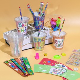 Tinrbip 30 Set Back to School Stationery Gifts, First Day of School Decoration Include Cup, Pencil, Stamp, Sticker, Slap Bracelets, Sharpener, Eraser, lids, Card, Welcome to School Party for Students
