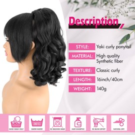 UAmy Hair Long Natural Black Drawstring Ponytail Extension for Women 18inch Loose Curly Ends Yaki Straight Drawstring Ponytail with Bangs Synthetic Kinky Straight Pony Tail Hairpieces for Daily Use