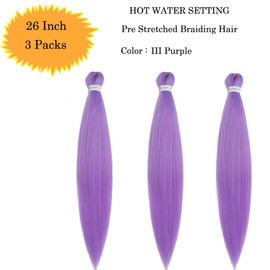 jiefeng Extensiones De Cabello Trenzado Preestirado, 3 Paquetes De 26 Pulgadas, Color Morado, Sintético, Para Mujer, Con Ajuste En Agua Caliente (26 Pulgadas, Morado Oscuro)