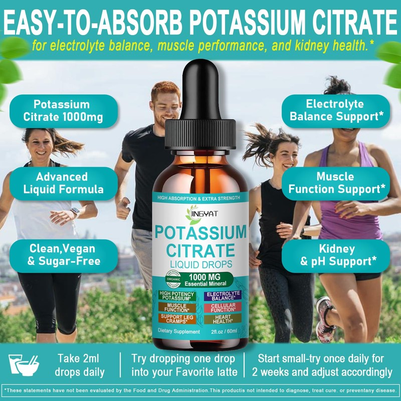 Potassium Supplement Liquid Drops, High Absorption Potassium Citrate 1000mg for