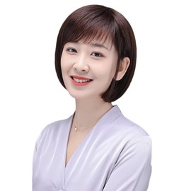 Cute Princess Full Wig, Bob, 100% Human Hair, Hand Planted, Natural, Fluffy, Women's Wig, Straight Oblique Bangs, Women's Hair Hidden, Hair Enhancement, Net Included, Brown